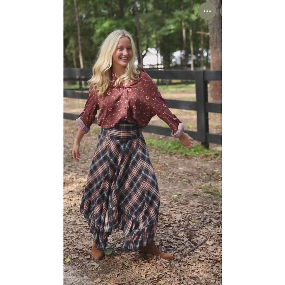 Natural Life Plaid Maxi Skirt Smocked Waist Tiered Ruffle Boho L/XL Navy Mustard